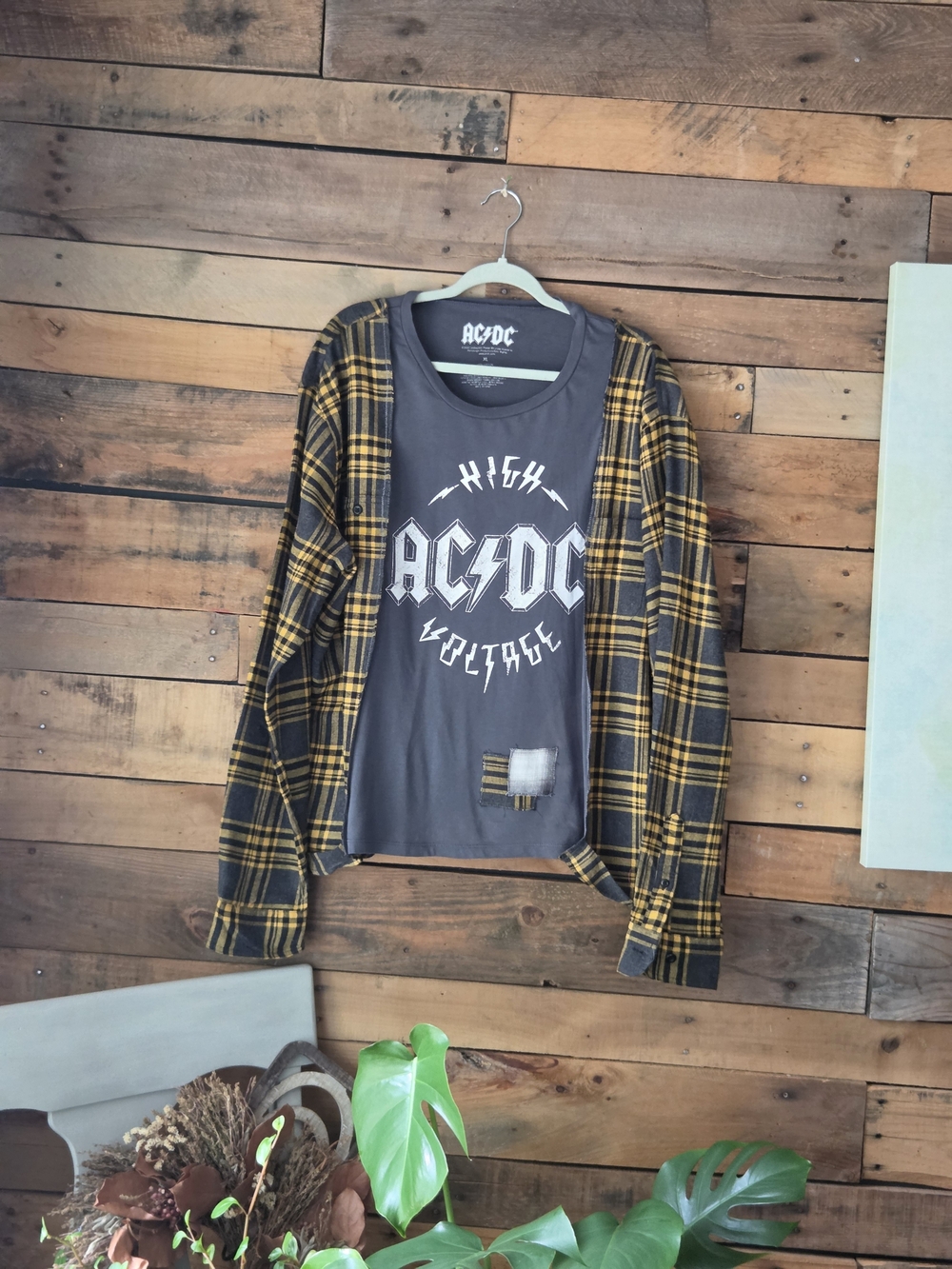 Upcycled AC/DC  High Voltage Grey Graphic Tee with Yellow Plaid Sleeves. - Picture 5 of 12